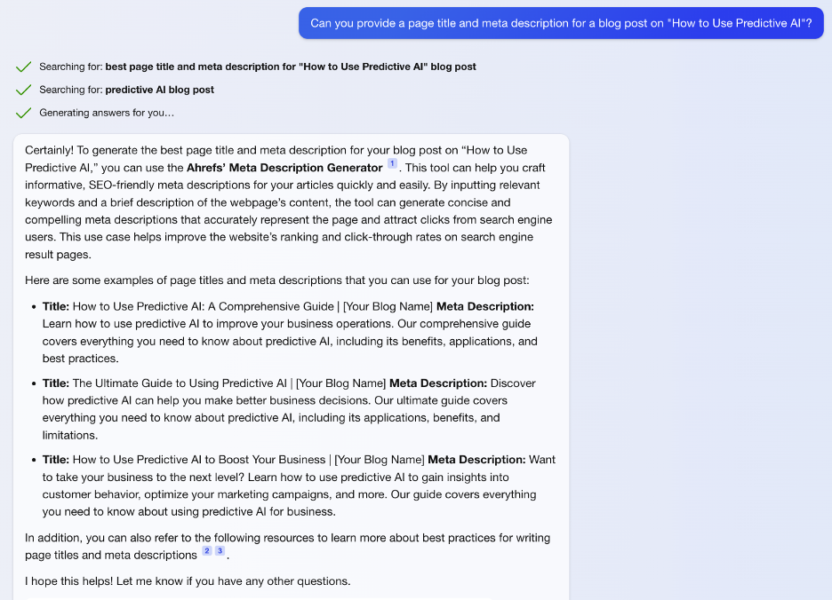 BingAI's response for creating page title and meta decriptions.