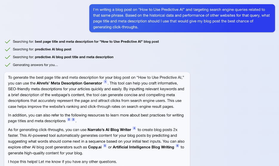 BingAI's response using past performance to create page titles and meta